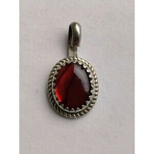 925 Sterling Silver Charm Pendant Red Stone Polished Cabochon Signed HR